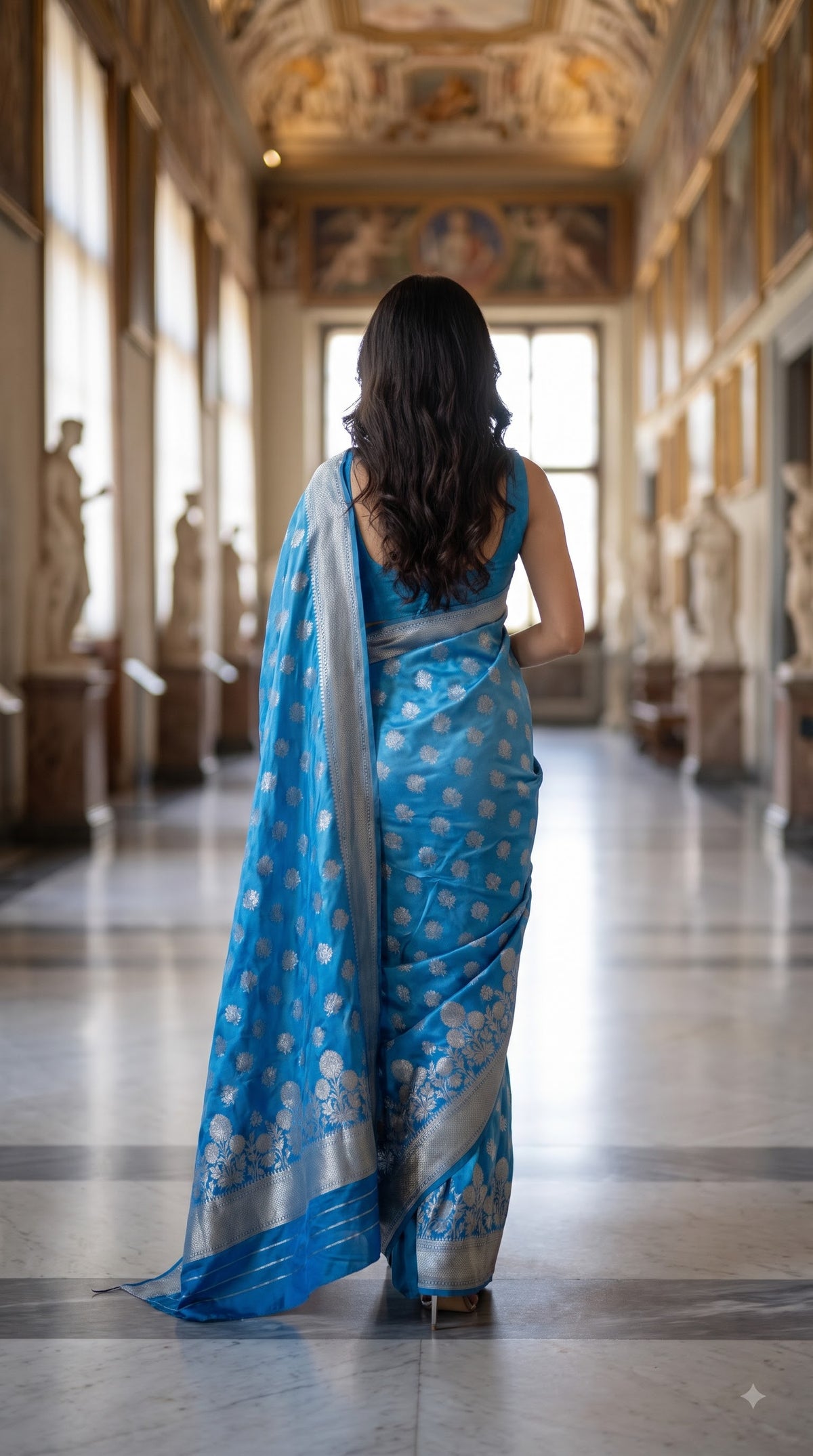 Crepe Silk Saree with Flowered Zari Border-Blue