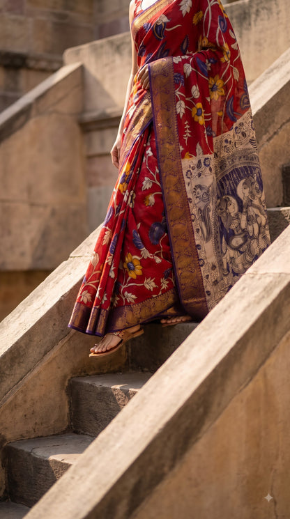 Kanchi Border Kalamkari Silk Saree - Red with Purple