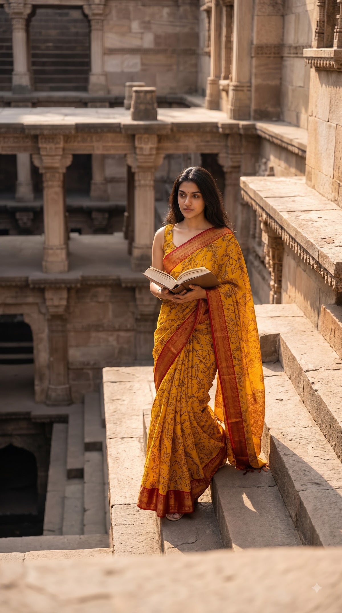 Kanchi Border Kalamkari Silk Saree - Yellow with Red