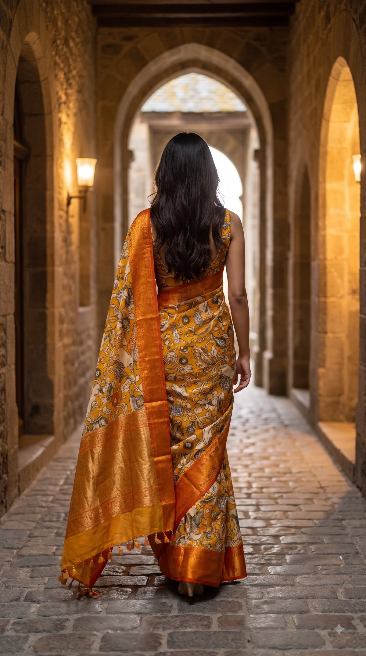 Kanchi Border Kalamkari Silk Saree - Yellow with Orange