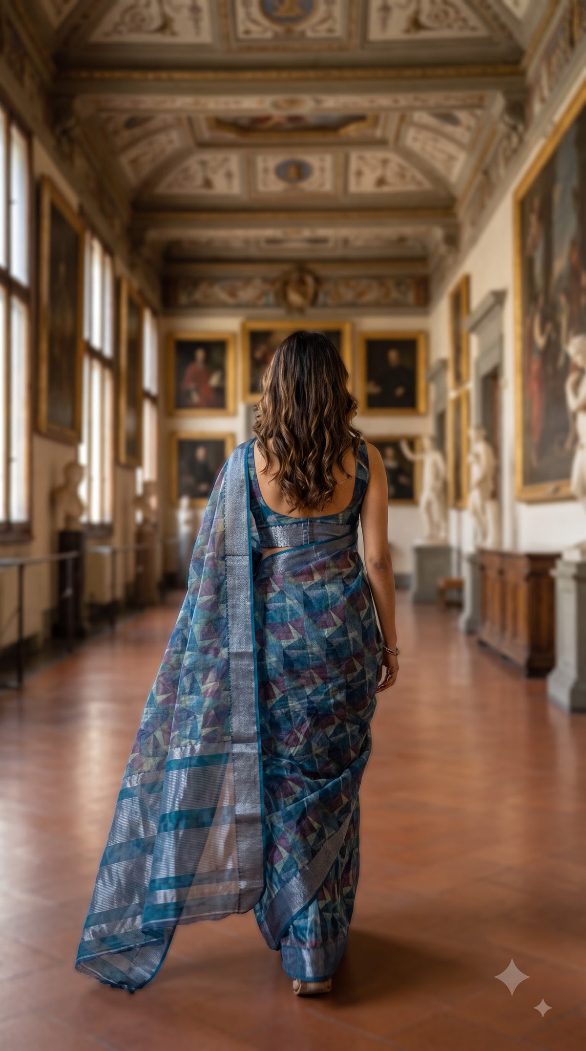 Organza Saree with Abstract Print - Blue