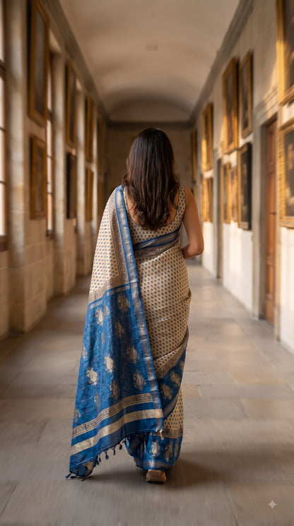Maheshwari Silk Saree with Sanganery Handblock Print - Blue