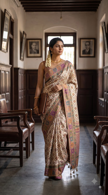 Pure Kani Silk Saree with Jaal Design - Cream