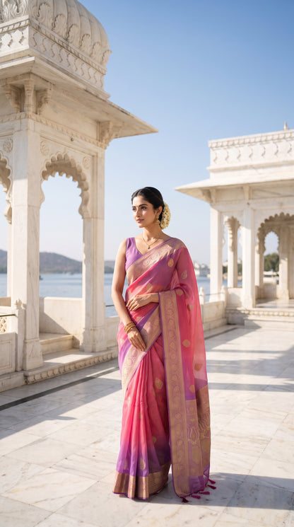 A full-length front view of a woman standing on a pristine white marble courtyard terrace under a clear blue sky, displaying the magnificent royal drape of her pink and purple pure Kora silk saree