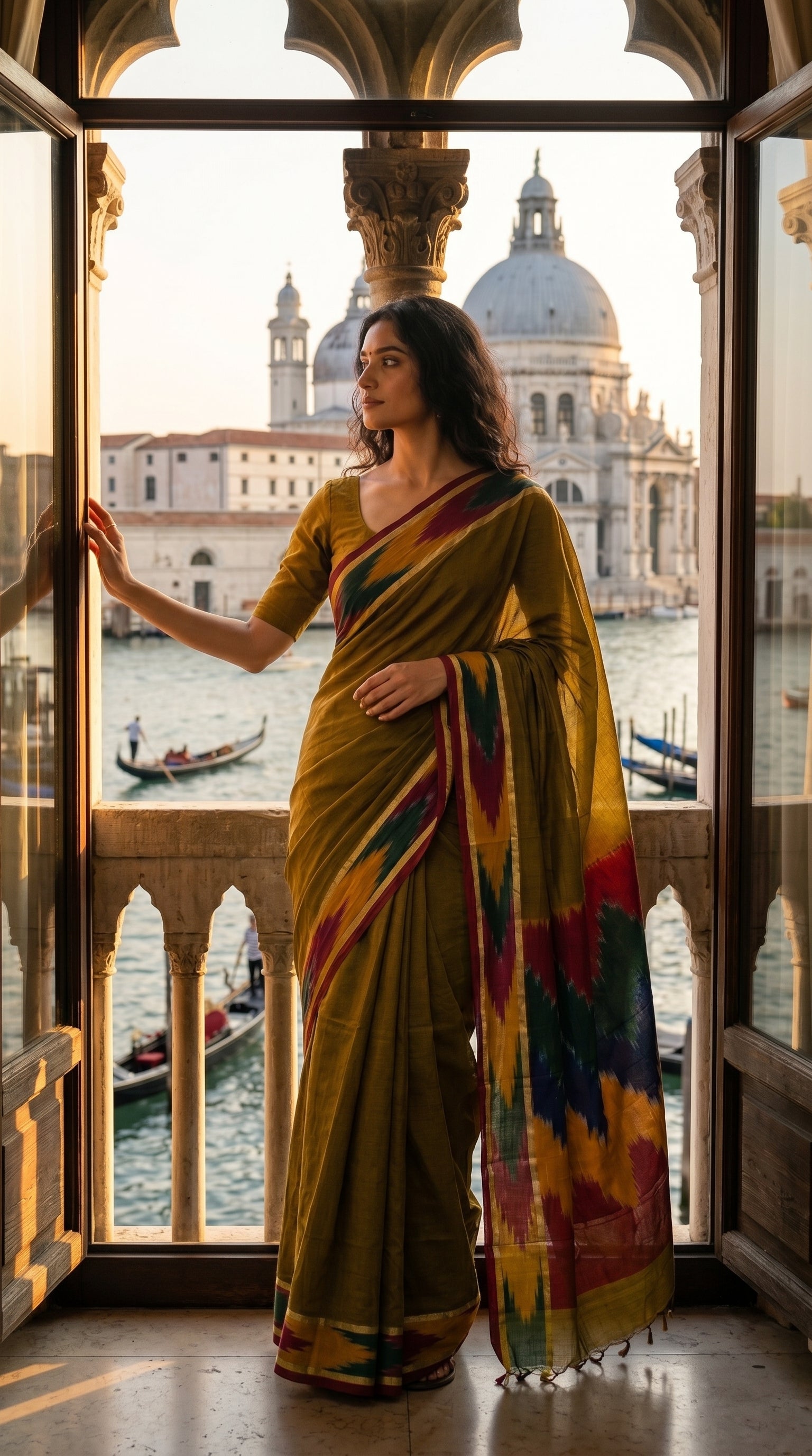 Woman in a handloom cotton saree with ikat border – antique golden with magenta yellow and green border standing in front of a window with a view of a cityscape and water.