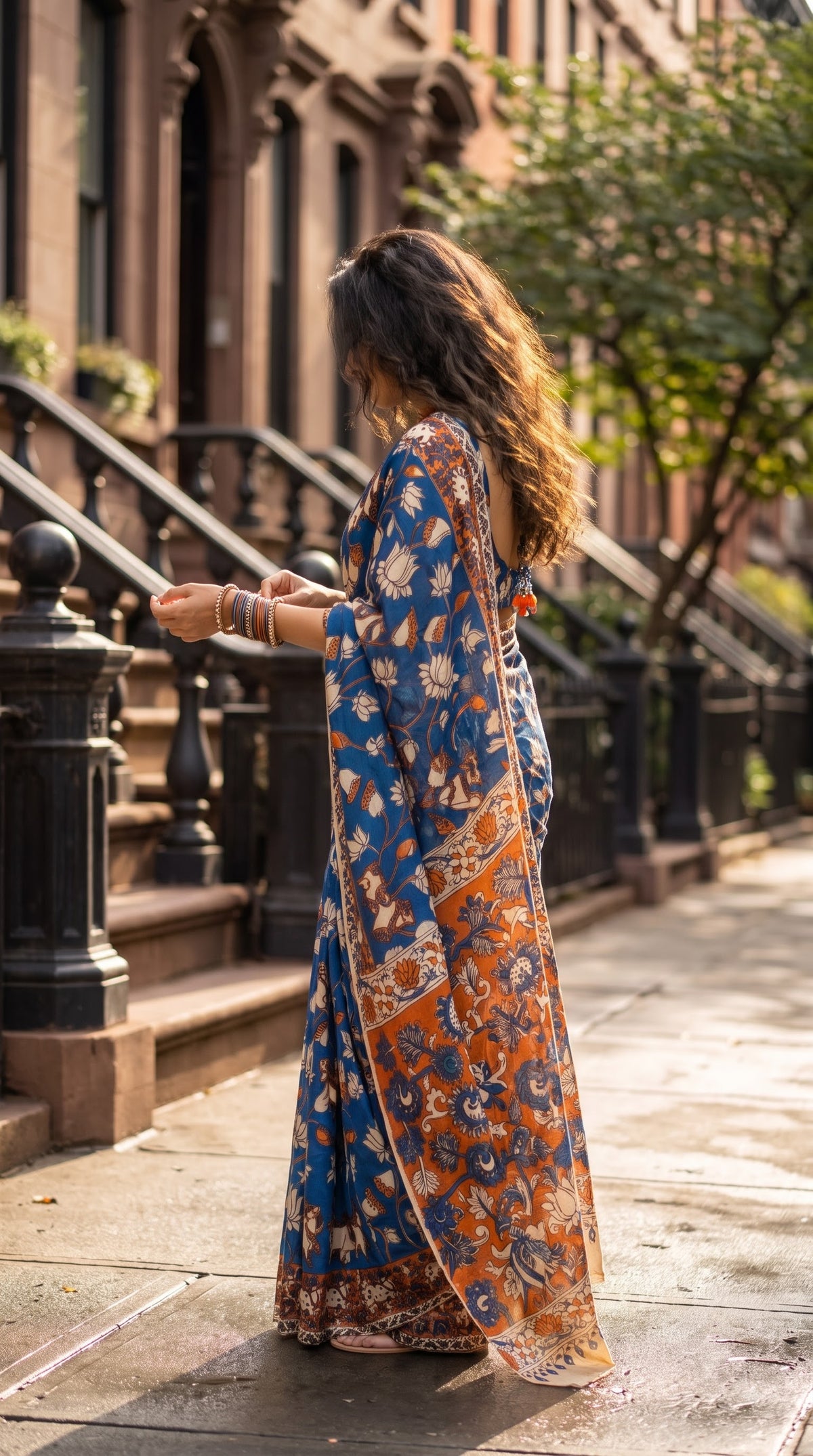 Kalamkari Printed Silk Saree - Blue with Orange