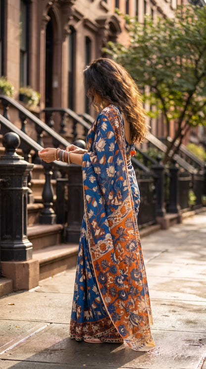 Kalamkari Printed Silk Saree - Blue with Orange