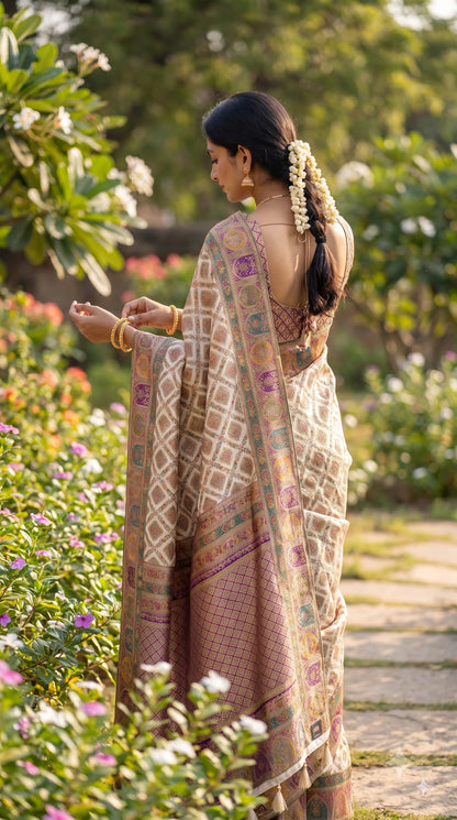 Pure Kani Silk Saree with Jaal Design - Cream