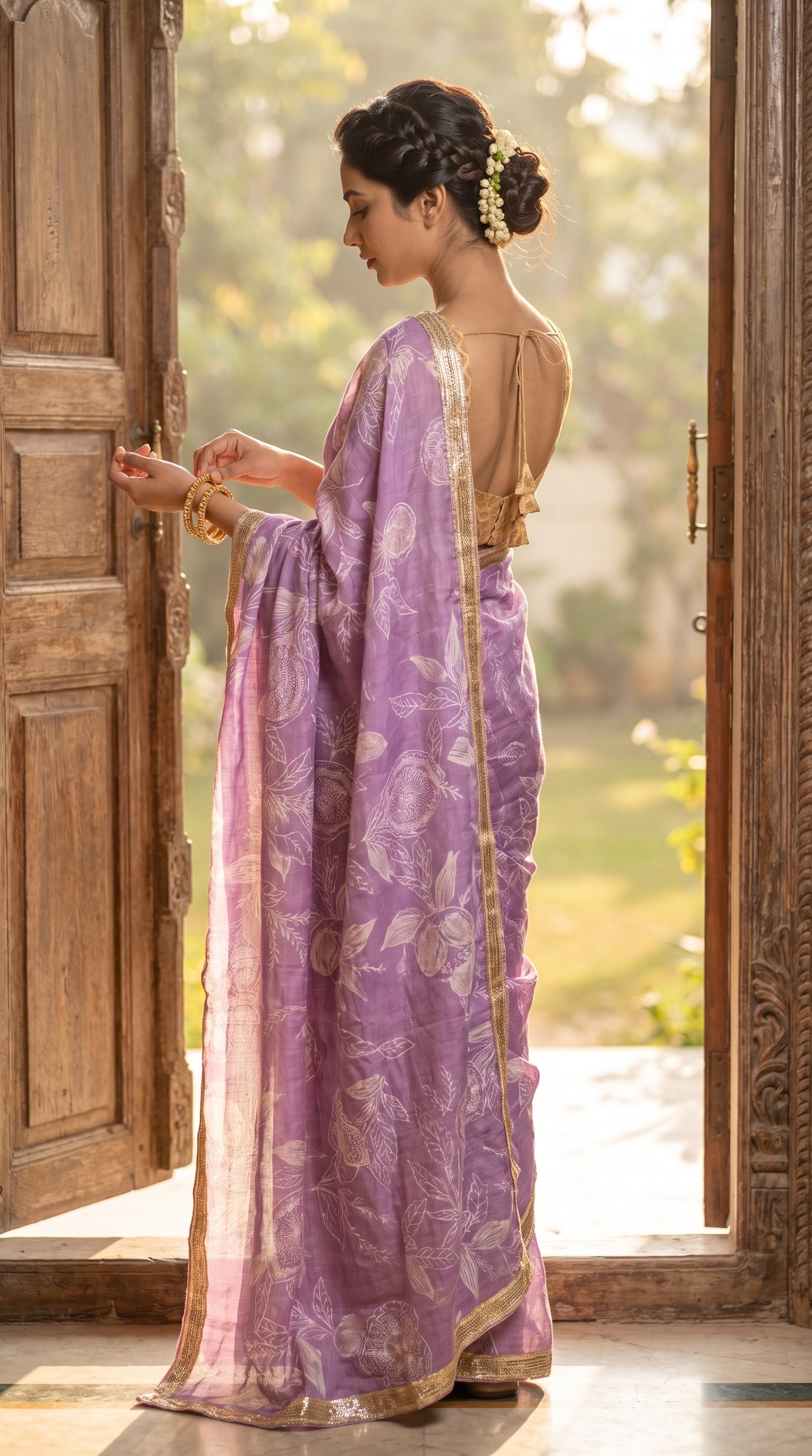 A rear portrait of a woman standing within an open wooden doorway, showcasing her braided hair bun, an elegant gold sleeveless blouse, and the graceful semi-translucent drape of her lavender muslin saree