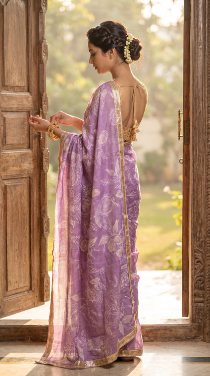 A rear portrait of a woman standing within an open wooden doorway, showcasing her braided hair bun, an elegant gold sleeveless blouse, and the graceful semi-translucent drape of her lavender muslin saree