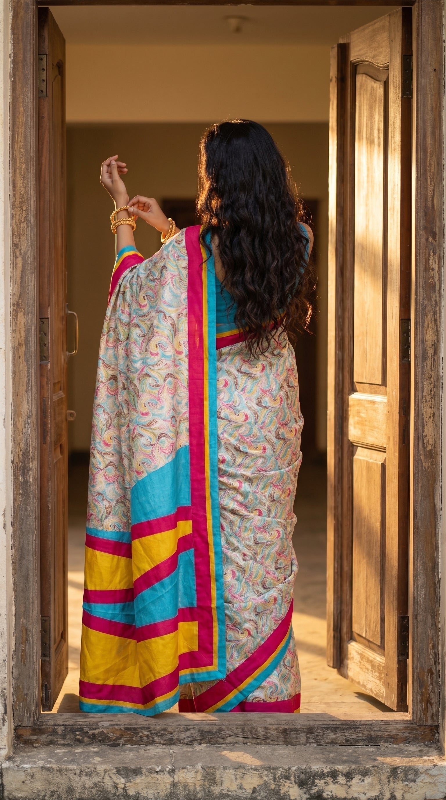 A rear-view portrait of a woman standing within an open wooden doorway, showcasing her long wavy hair and the striking geometric layout of the yellow, magenta, and blue satin border along her saree pallu.