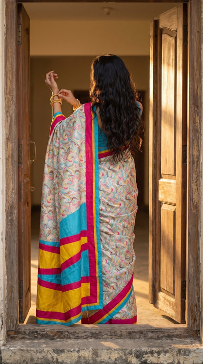 A rear-view portrait of a woman standing within an open wooden doorway, showcasing her long wavy hair and the striking geometric layout of the yellow, magenta, and blue satin border along her saree pallu.