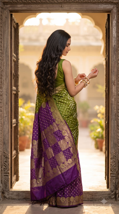 Art Silk with Bandhani - Green & Magenta