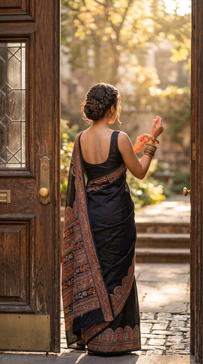 Pure Art Malai Silk Saree with Kantha-Stitched - Black