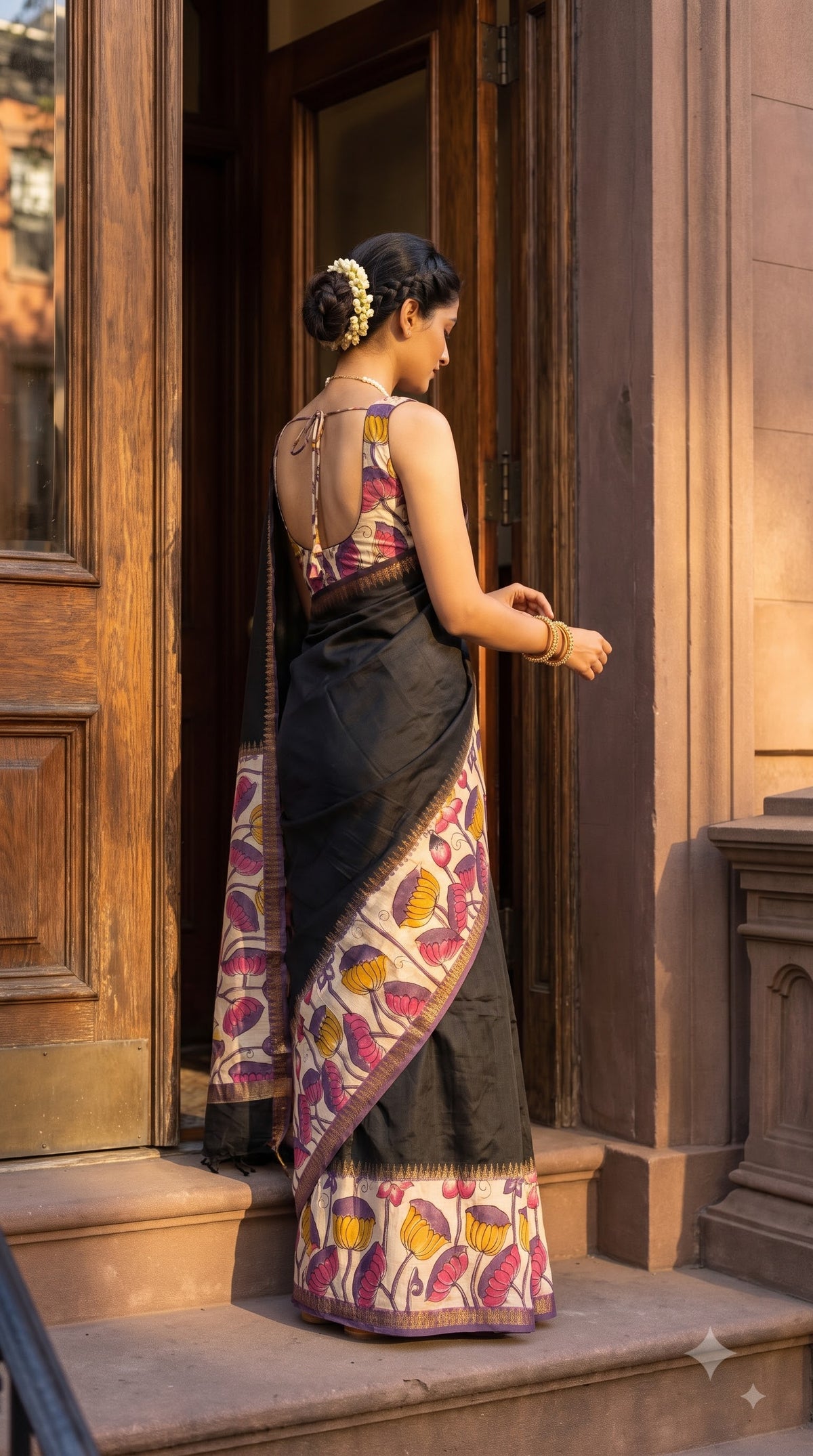 Plain Silk Saree with Kalamkari Gap Border - Black with Purple