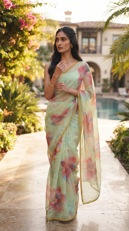 Pista Green Chiffon Saree with Delicate Lace Border