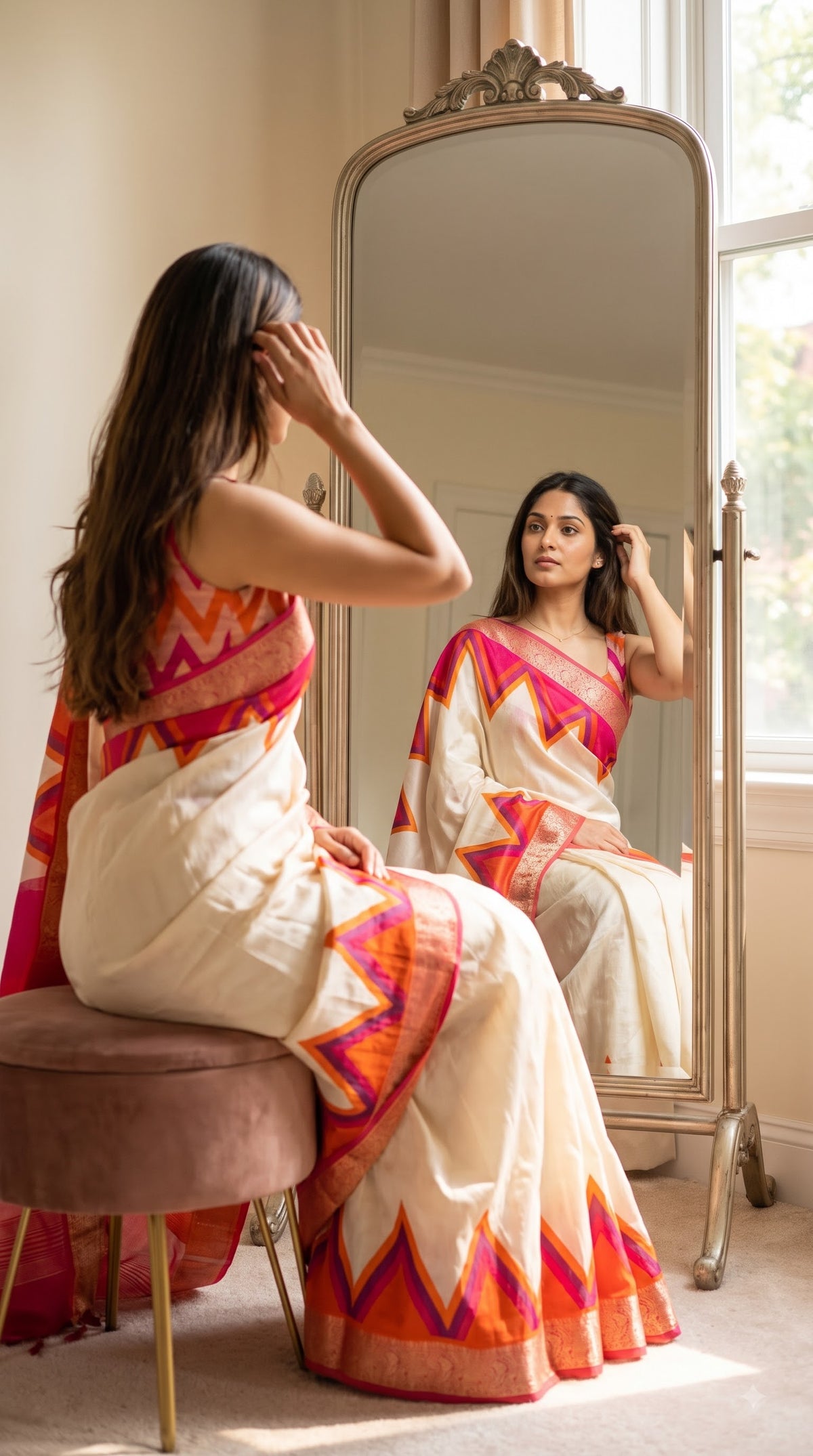 Maheshwari Silk Saree with Ganga Jamuna Border - Beige with Orange