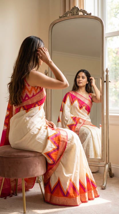 Maheshwari Silk Saree with Ganga Jamuna Border - Beige with Orange