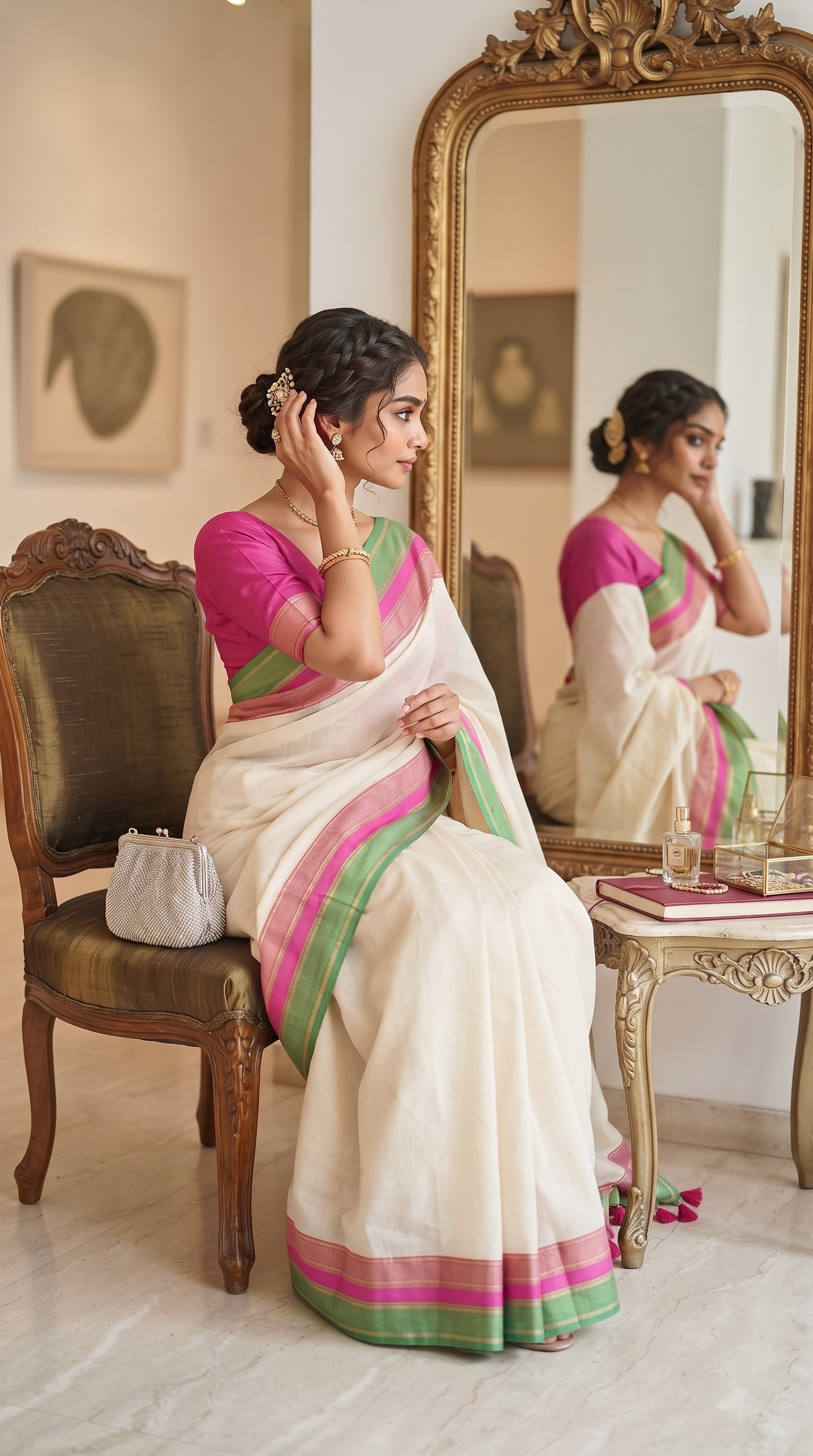 A side-profile shot of a woman sitting on a vintage chair adjusting a hairpin in front of an ornate gold mirror, showcasing her off-white mul cotton saree with pink and green accents and her reflection in the glass