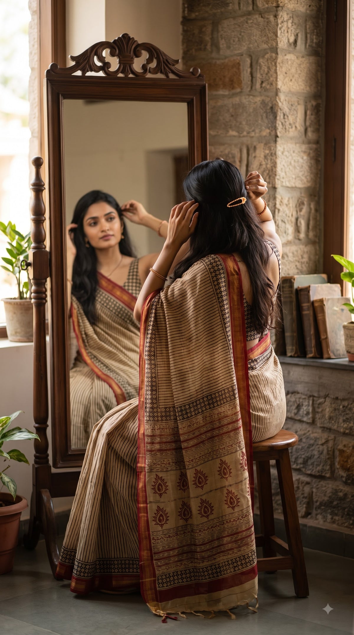 Maheshwari Silk Saree with Stripes - Beige with Red