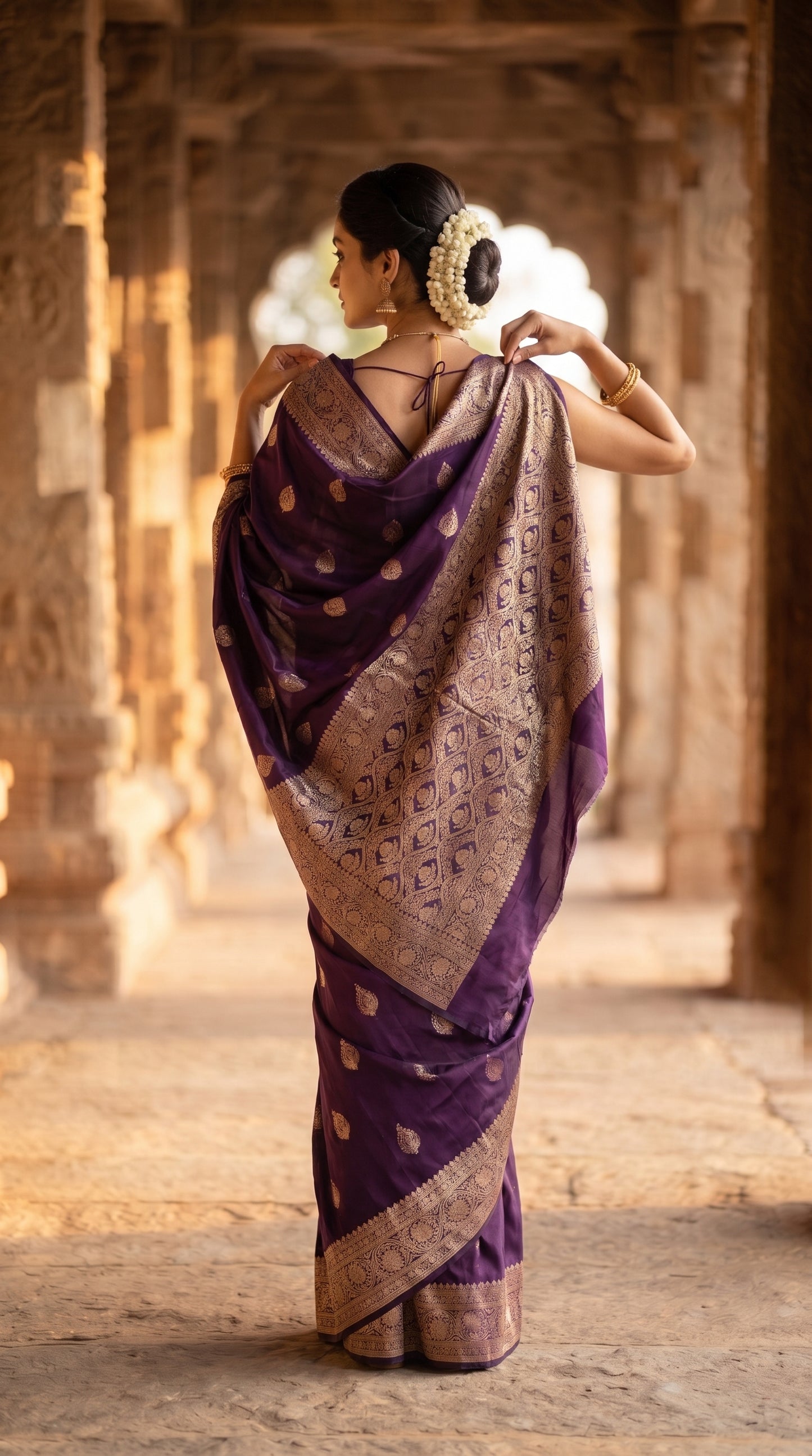 A rear-view portrait of a woman adjusting her pallu while standing inside a historic stone pillar corridor, displaying the heavy gold zari work across the back of her purple Mashru silk saree