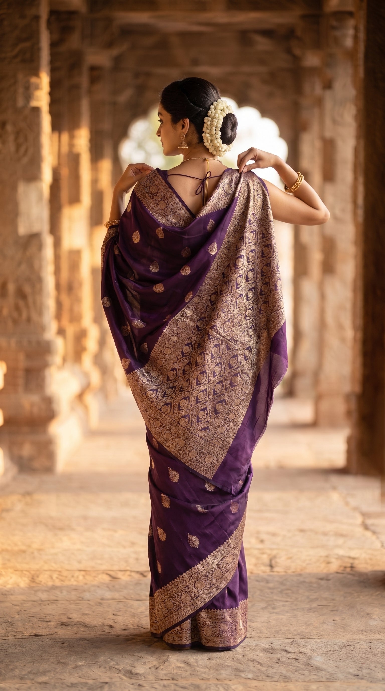 A rear-view portrait of a woman adjusting her pallu while standing inside a historic stone pillar corridor, displaying the heavy gold zari work across the back of her purple Mashru silk saree