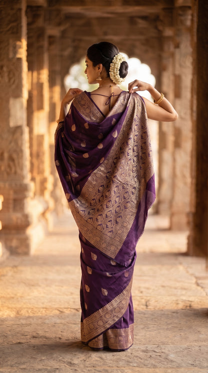 A rear-view portrait of a woman adjusting her pallu while standing inside a historic stone pillar corridor, displaying the heavy gold zari work across the back of her purple Mashru silk saree