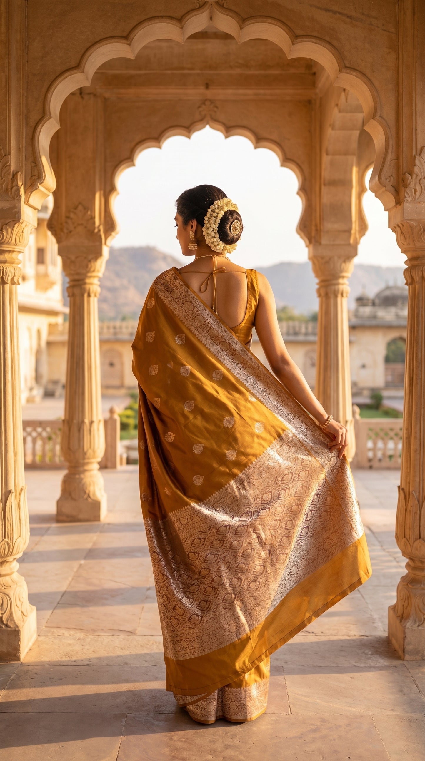 A rear-view portrait of a woman standing beneath a carved sandstone palace archway, showing the clean layout of her matching blouse and the heavily woven gold zari design across her mustard gold pallu