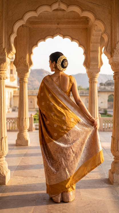 A rear-view portrait of a woman standing beneath a carved sandstone palace archway, showing the clean layout of her matching blouse and the heavily woven gold zari design across her mustard gold pallu