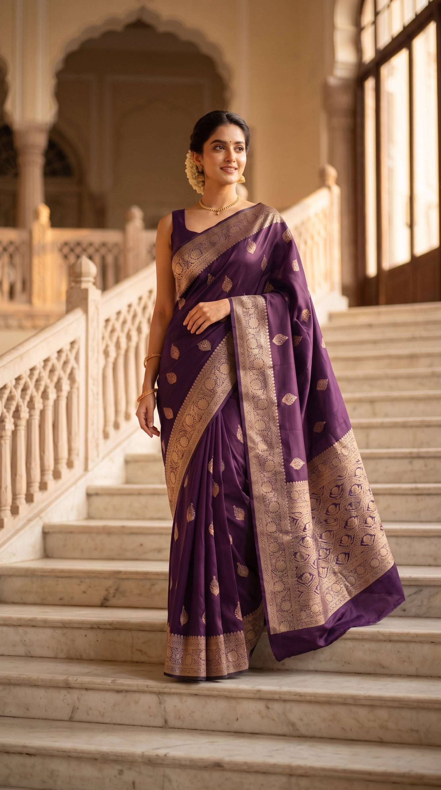 A full-length portrait of a woman descending a grand white marble staircase inside a palace corridor, showing the structured royal drape and detailed gold zari pallu of her deep purple Mashru silk saree