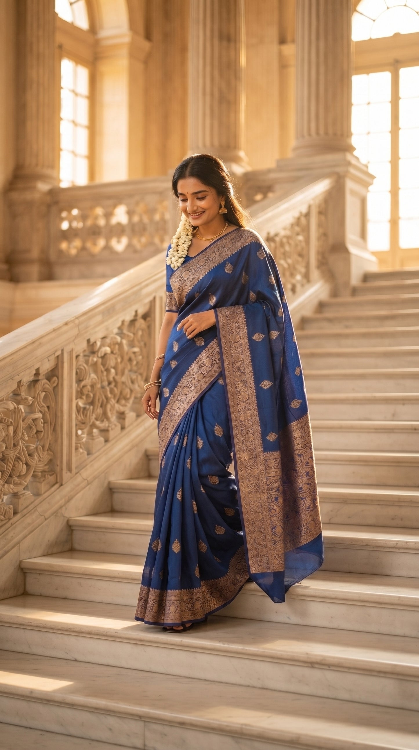 A full-length portrait of a smiling woman adorned with a fresh gajra and golden jewelry descending a grand white marble staircase inside a palace corridor, showing the structured royal drape and detailed gold zari pallu of her deep blue Mashru silk saree