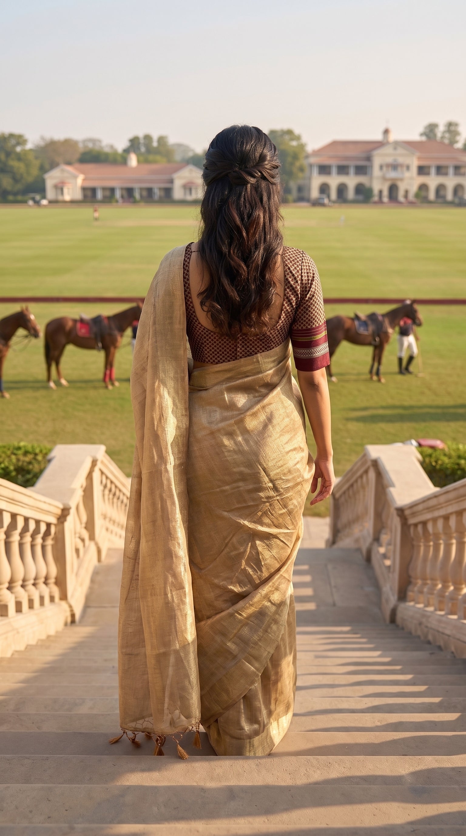 A rear-view portrait of a woman descending a grand stone staircase overlooking a polo field, showing the half-up hairstyle and the structured, shimmering fall of her golden tissue cotton saree pallu