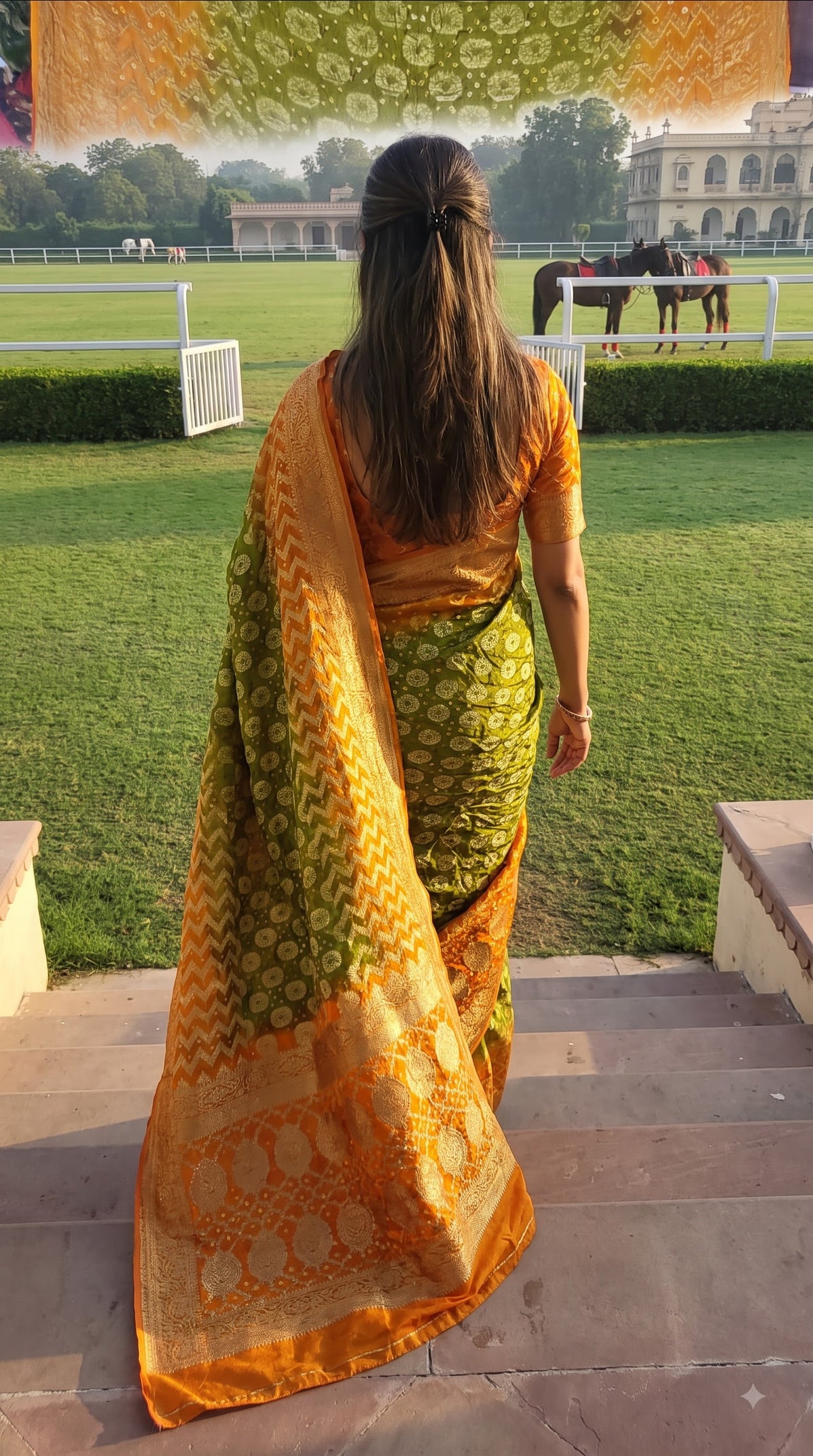 Art Silk with Bandhani - Green with Orange Border