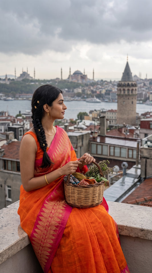 A profile shot of a woman with a side braid sitting on a rooftop ledge holding a wicker basket filled with herbs, with the iconic Galata Tower and Istanbul skyline blurring beautifully behind her orange and magenta saree