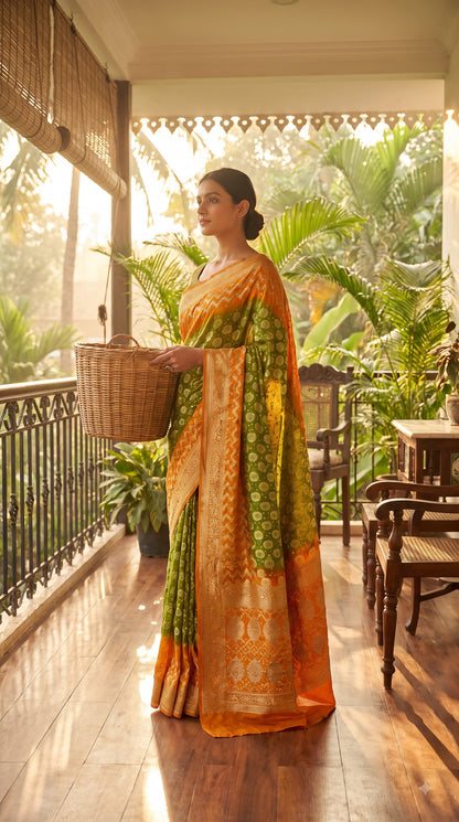 Art Silk with Bandhani - Green with Orange Border