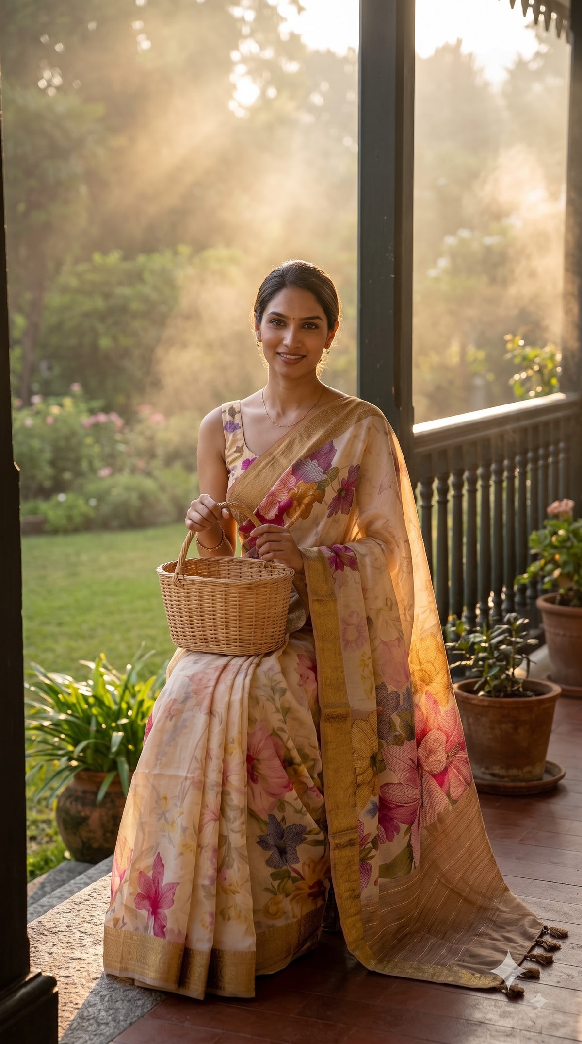 Pure Silk Saree with Digital Print & French Knot Kantha-Stitched - Beige