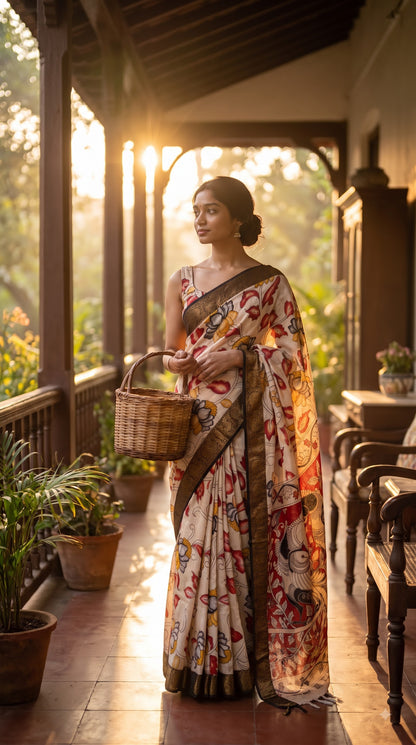 Printed Kalamkari Silk Saree with Border - Beige & Black