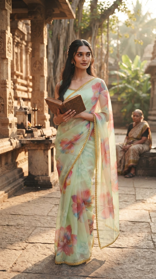 Pista Green Chiffon Saree with Delicate Lace Border