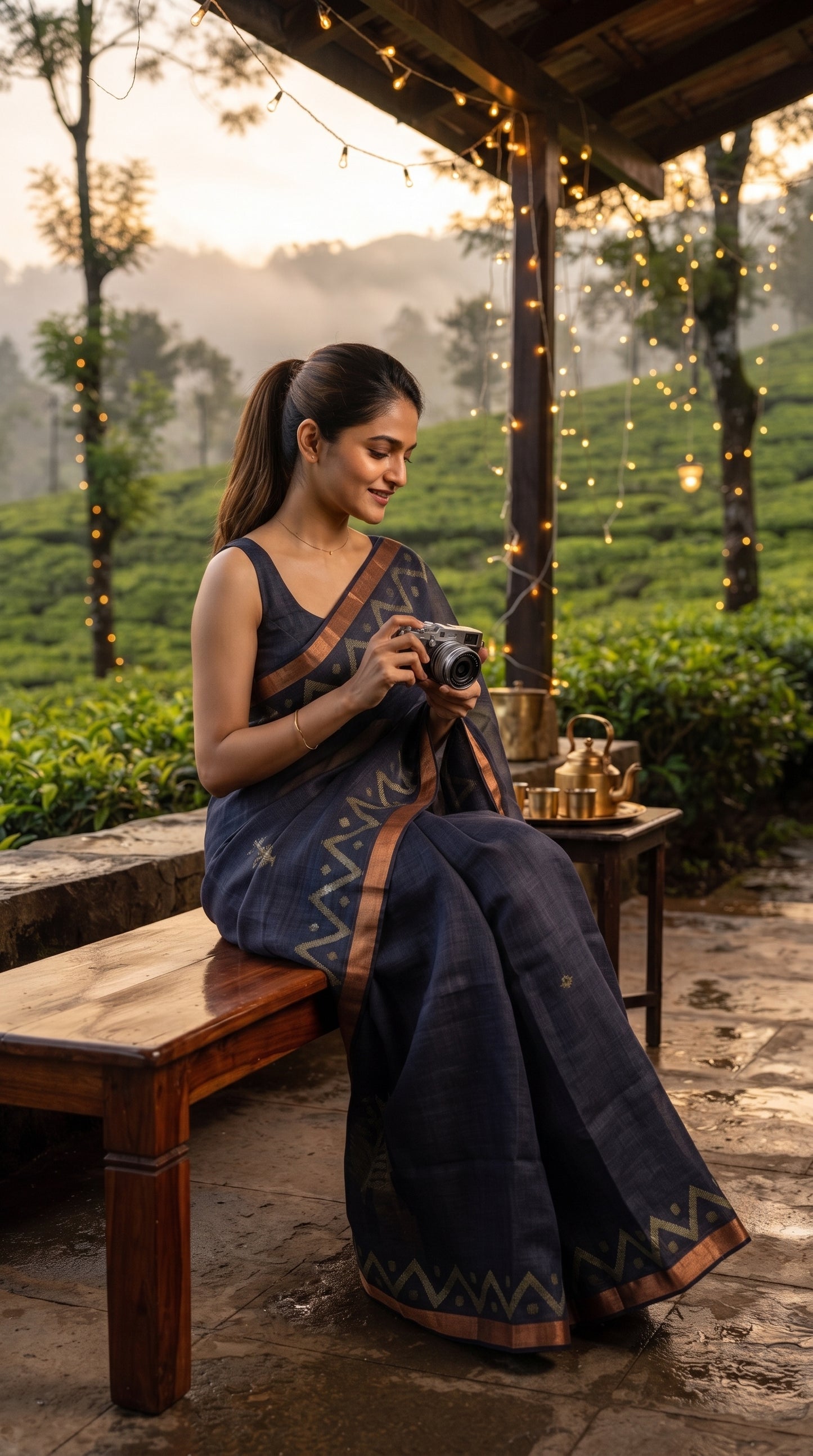A smiling woman holding a camera is seated on a wooden bench at an outdoor café overlooking foggy tea gardens, displaying the lightweight structure and copper-bordered edge of her indigo tissue linen saree