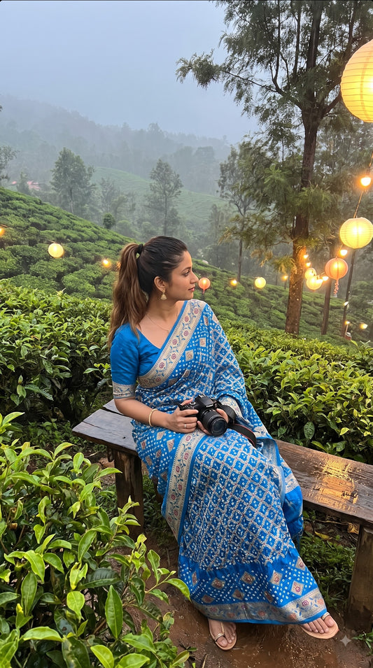 Dhupiyan Silk with Bandhani & Jaal Zari - Aqua Blue