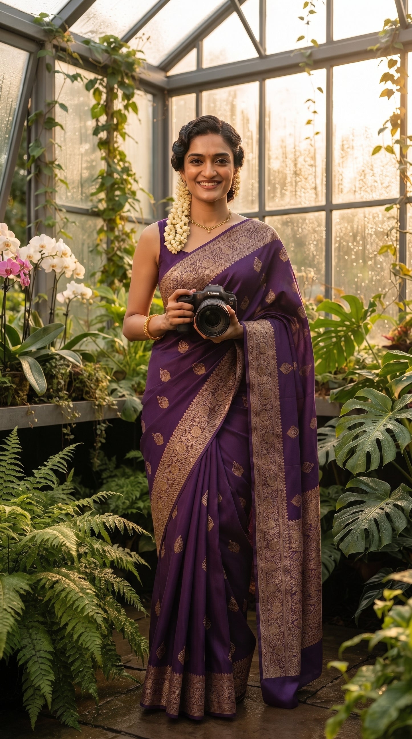 A front portrait of a smiling woman with a long gajra hairstyle standing inside a sunlit glass greenhouse filled with plants and orchids, holding a professional DSLR camera while draped in a purple silk saree