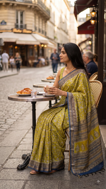 Maheshwari Silk Saree with Sanganery Handblock Print - Yellow with Blue