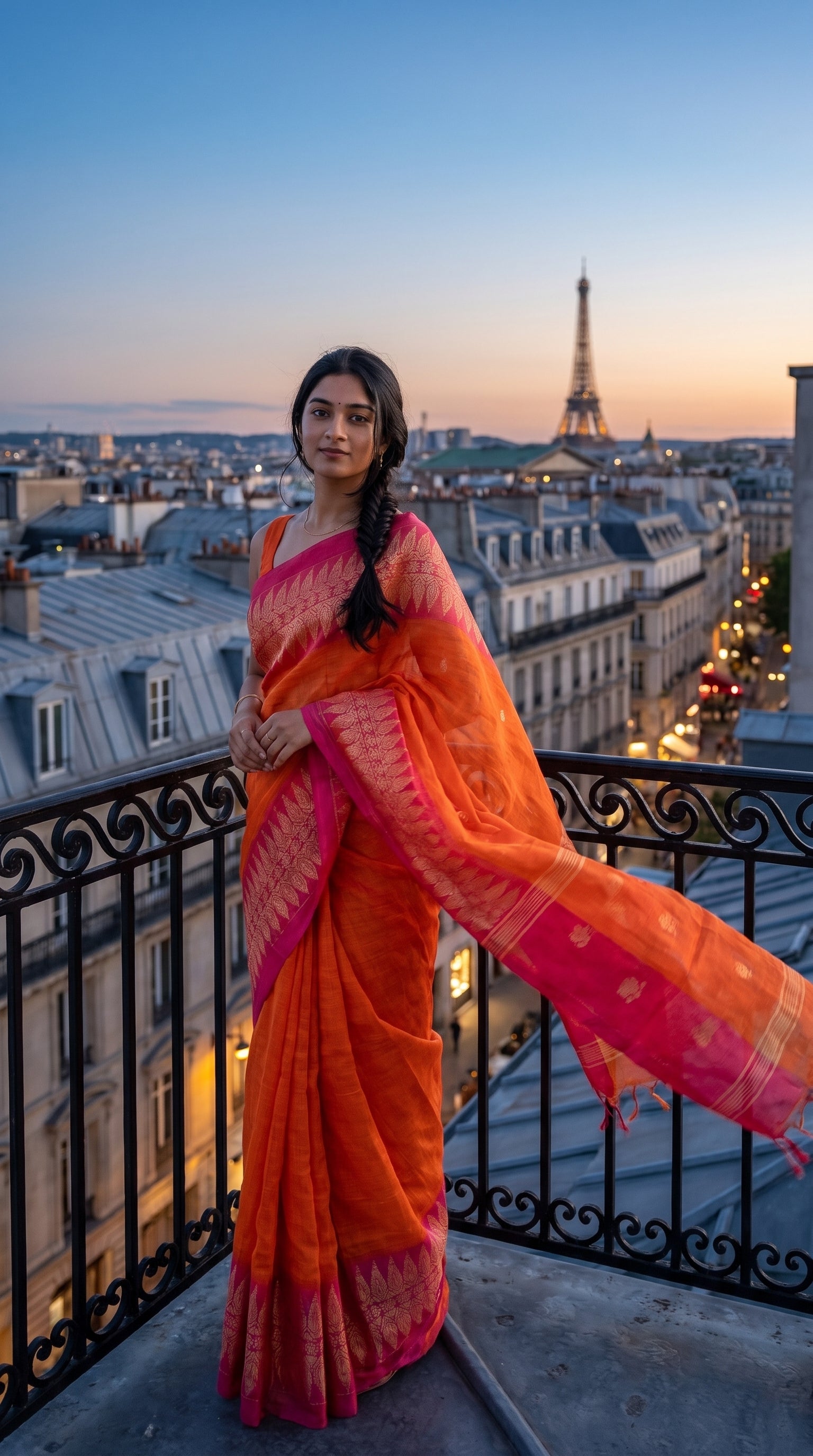 A full-length portrait of a woman standing on a classic black wrought-iron balcony overlooking Paris rooftops at sunset, showcasing her flowing orange linen saree pallu catching the breeze with the Eiffel Tower in the background