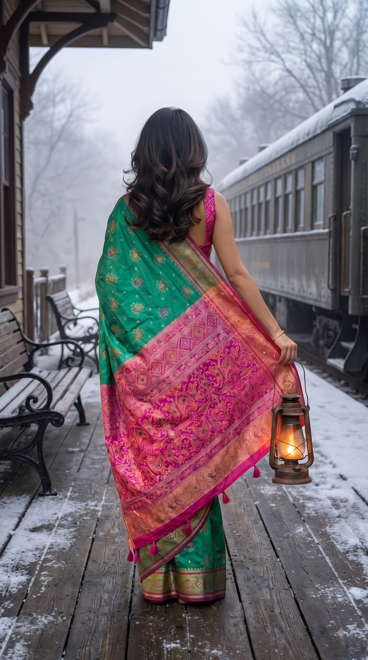Viscose Silk Saree with Patola Weave - Rama Green