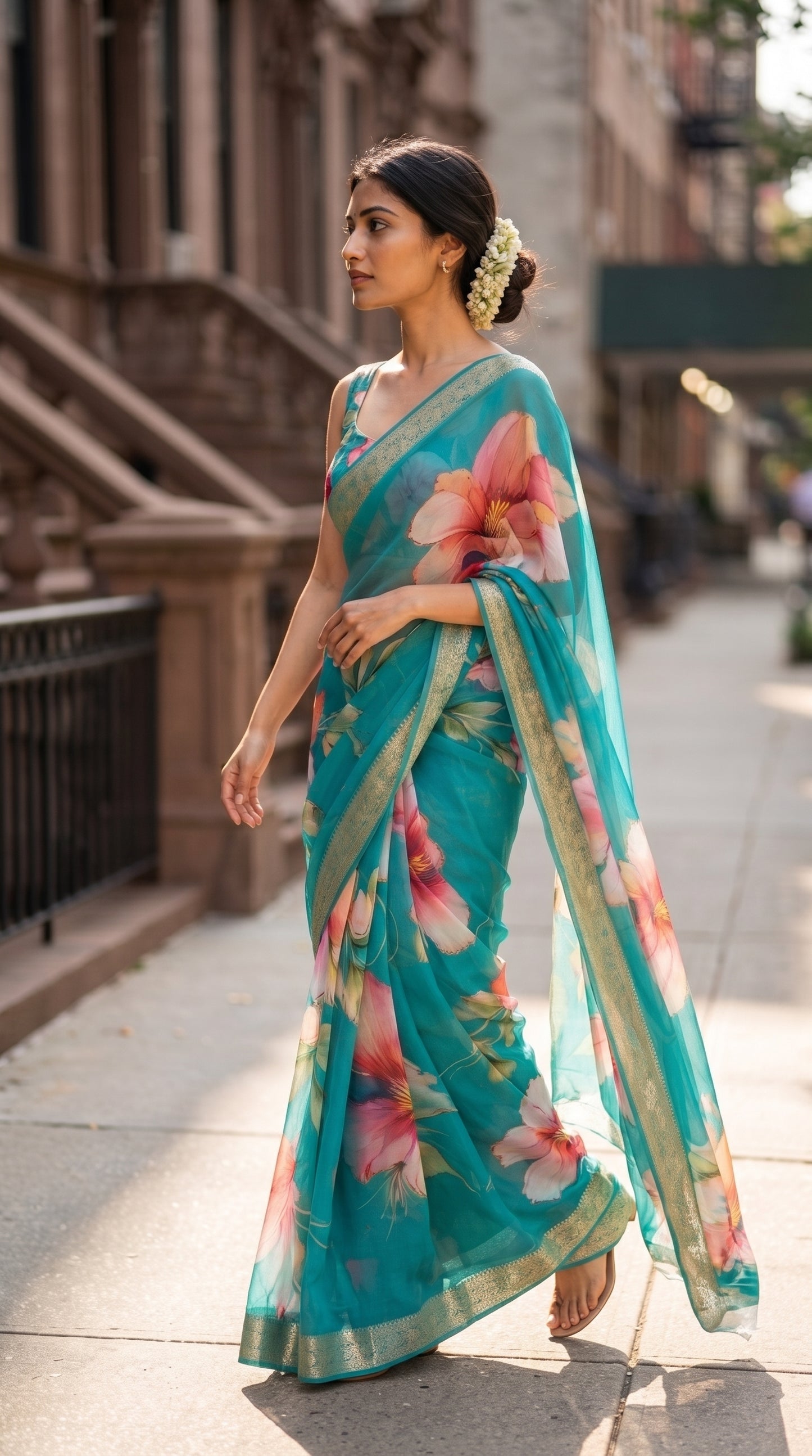 A candid street shot of a woman with a fresh gajra in her hair bun walking down a city sidewalk, gracefully holding her flowing sea green chiffon saree pallu to highlight its lightweight movement and bold floral prints