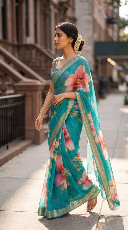 A candid street shot of a woman with a fresh gajra in her hair bun walking down a city sidewalk, gracefully holding her flowing sea green chiffon saree pallu to highlight its lightweight movement and bold floral prints