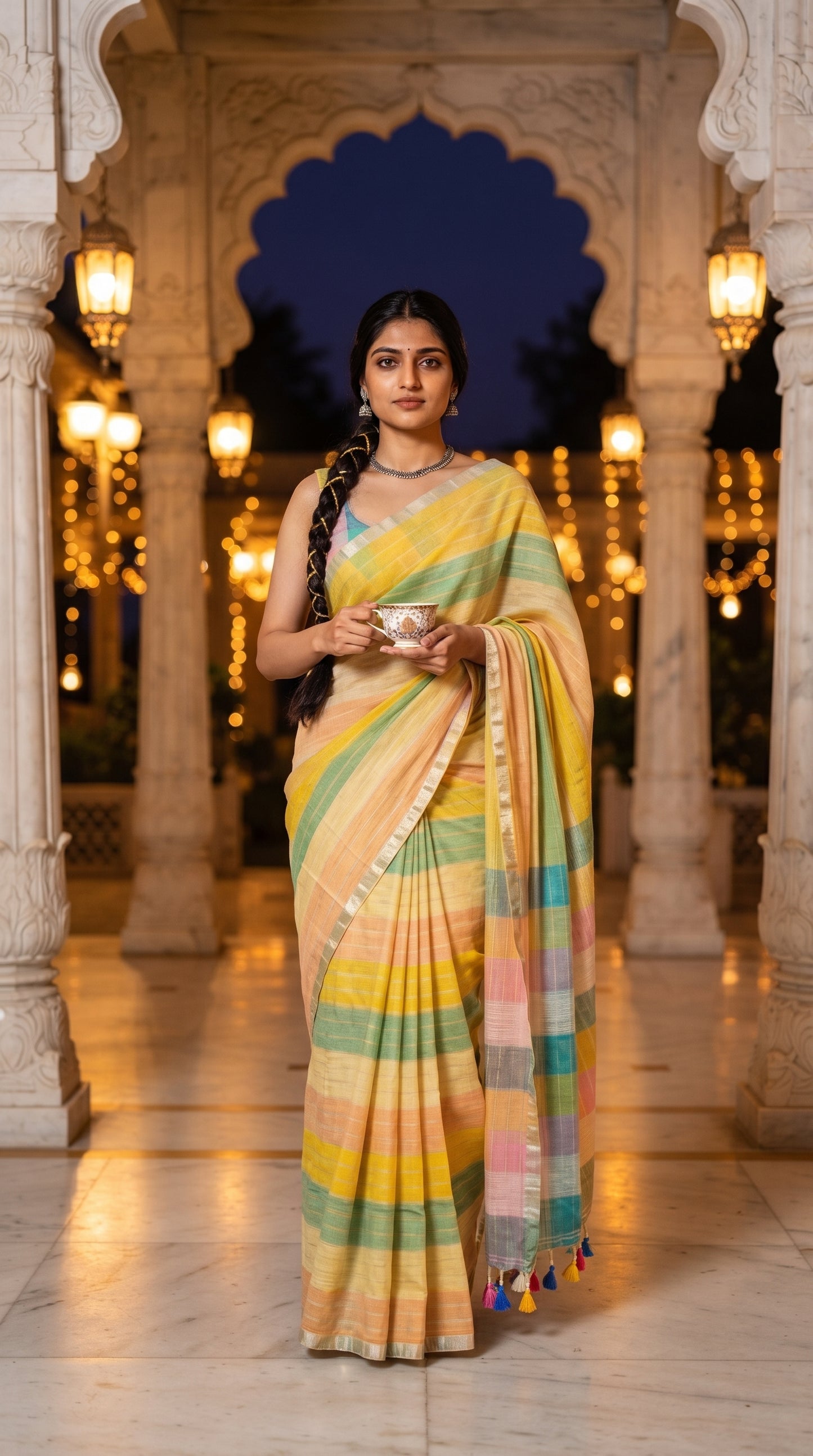 A woman with a long braided hairstyle holding a decorative teacup under a traditional carved white pavilion at twilight, displaying the distinct striped body and checkered pallu of her yellow linen saree