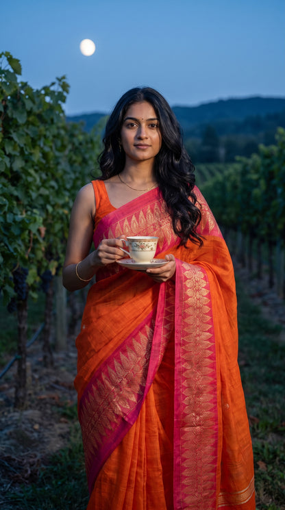 A medium-length portrait of a woman standing in a lush vineyard at dusk under a full moon, holding a classic teacup while displaying the striking contrast of her sunset orange linen saree and its magenta temple border