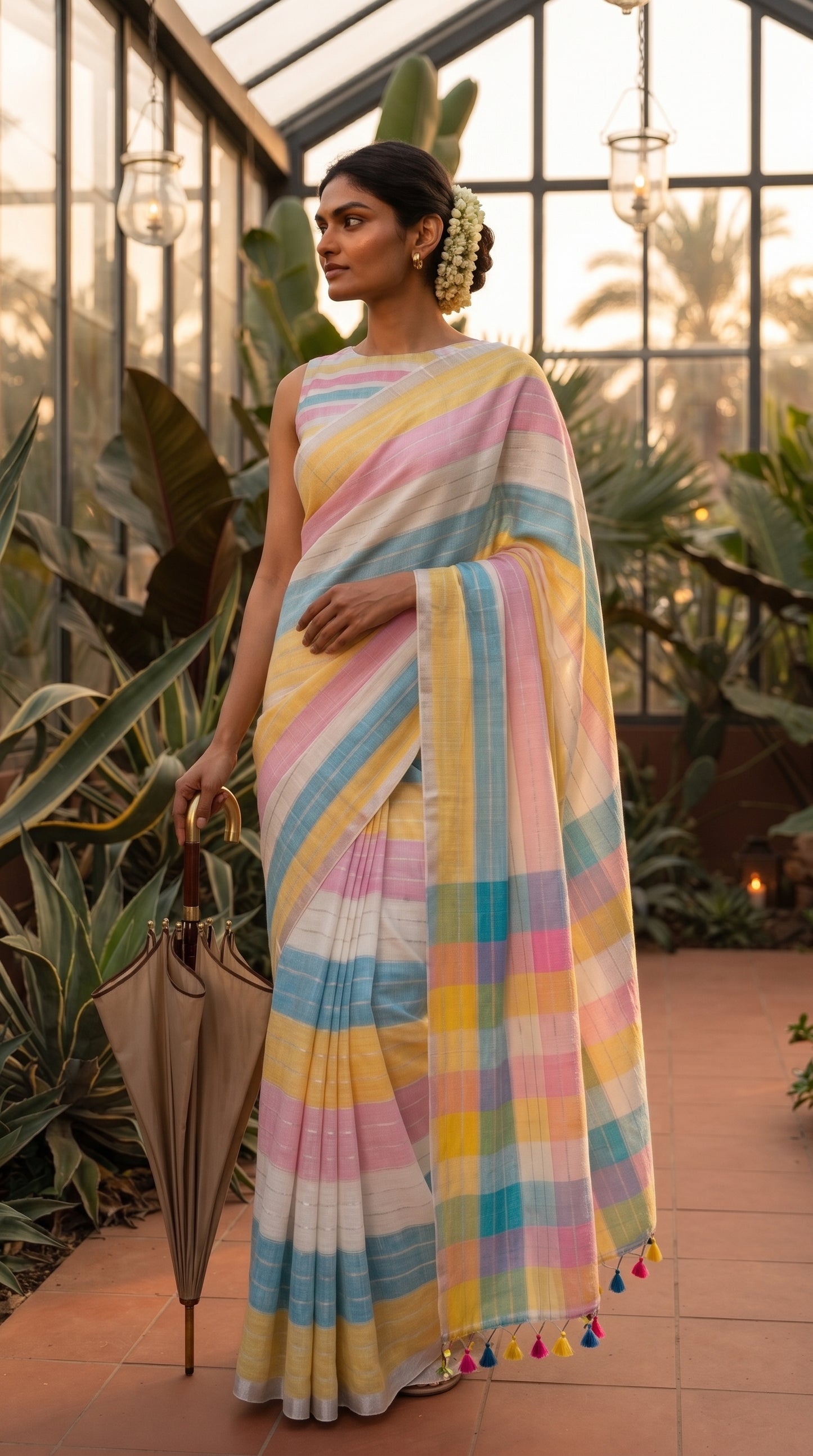 A model adorned with a gajra bun stands in a lush green glasshouse holding a closed tan umbrella, highlighting the festive layout and silver zari pinstripes of her candy-striped linen saree