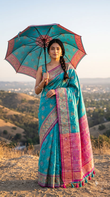 Viscose Silk Saree with Patola Weave - Aqua Blue